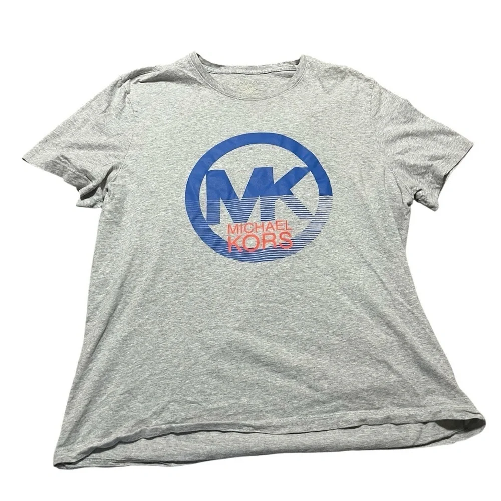 Michael Kors Circle Logo Short Sleeve Tee Heather Grey Size Large Blue Orange MK